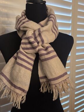J. Crew Cream and Purple Striped Fringe Summer Scarf Thrending
